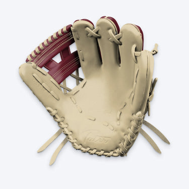 Palm view of the Tater V-Web infield glove showing the blonde pocket, blonde lacing and embossed Tater logo