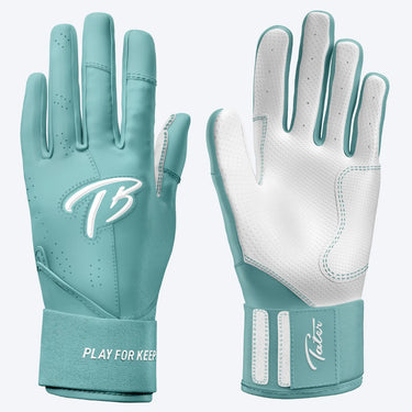Teal and white baseball batting gloves with TB logo, perforated grip, and 'Play for Keep' wrist text