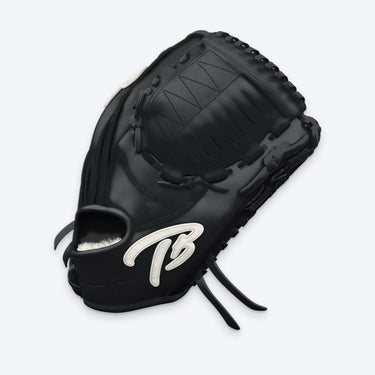 Side view of the Tater Helix Web pitcher's glove showing the black closed Helix web and TB logo on the wrist strap
