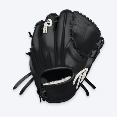 Tater Helix Web pitcher's glove in black leather with a white TB logo, white Tater logo and black laces, back-of-hand view