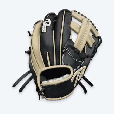 Tater Post Web infield glove in black and blonde leather with a blonde TB logo, blonde welting and binding, back-of-hand view