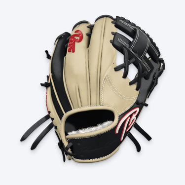Tater I-Web infield glove in blonde and black leather with a red-outlined TB logo, white stitching and black laces, back-of-hand view