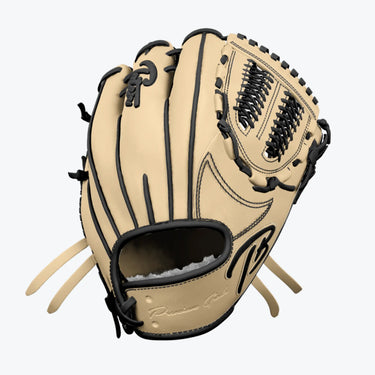 Tan baseball glove with black lacing, premium leather, and deep pocket for infield or outfield play