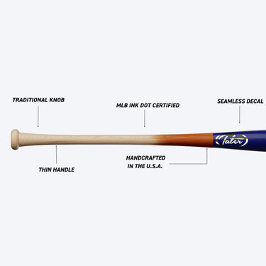 Handcrafted MLB certified wood baseball bat with thin handle and seamless decal