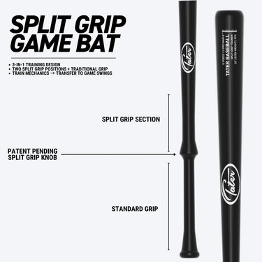 Black split grip baseball bat with patent-pending knob, designed for training mechanics and game swings