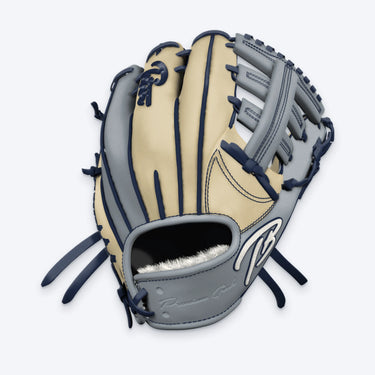 Tater Double Post outfield glove in grey and blonde leather with navy laces, navy welting and a white TB logo outlined in navy, back-of-hand view