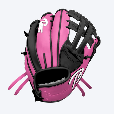 A pink and black baseball glove with white script logos, shown on a plain white background.