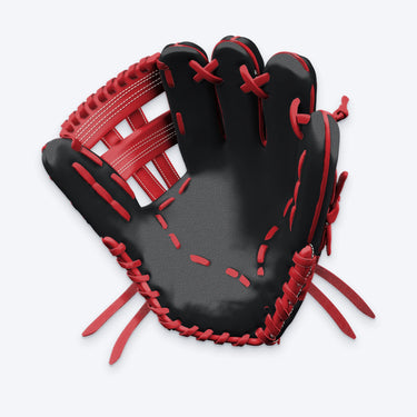 Palm view of the Tater H-Web outfield glove showing the black pocket, red lacing and embossed Tater logo