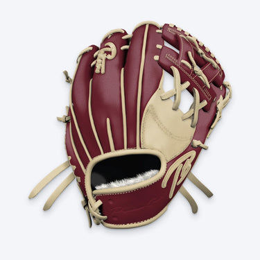 Tater V-Web infield glove in maroon and blonde leather with a blonde TB logo, blonde laces and welting, back-of-hand view