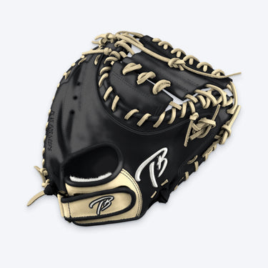 Tater custom catcher's mitt in black leather with a blonde wrist strap, blonde laces and a white TB logo, back-of-hand view