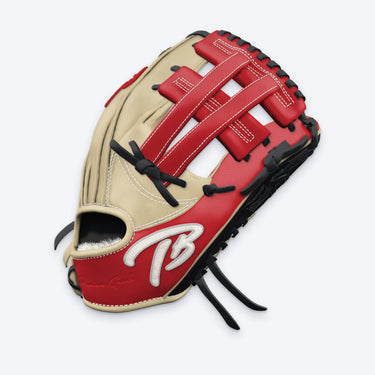 Side view of the Tater H-Web infield glove showing the red H-Web, blonde palm and TB logo on the wrist strap
