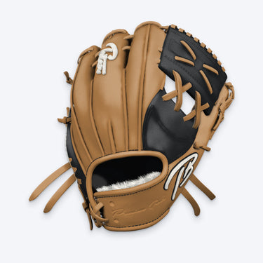 Tater One Piece Web infield glove in tan and black leather with a white TB logo, tan laces and welting, back-of-hand view