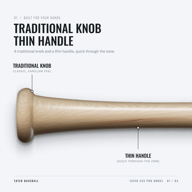 Traditional knob and thin handle on the Tater 243 Pro