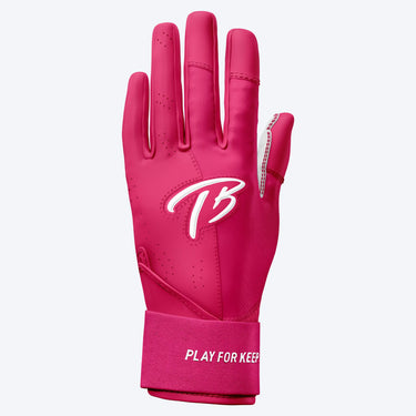 Back of the Bubblegum Pink Tater long cuff batting glove with the TB logo