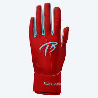 Back of the Fire Ice Tater long cuff batting glove with the TB logo