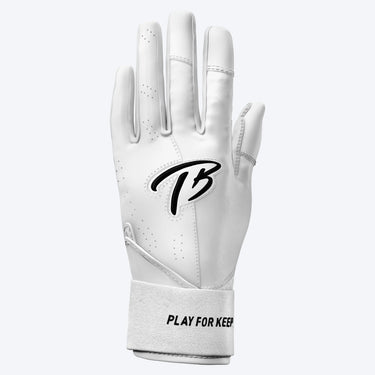 Back of the white Tater long cuff batting glove with the black TB logo