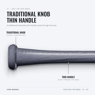 Traditional knob and thin handle on the Tater CB15 Pro