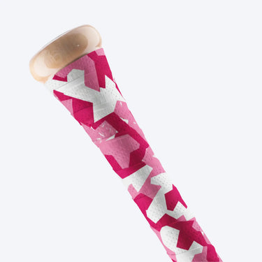HNDL 0.5mm bat grip wrap in Pink Crush camo on a wood bat handle