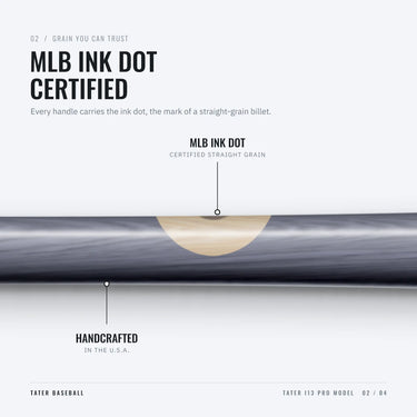 MLB ink dot on the handle of the Tater I13 Pro, certifying straight-grain maple