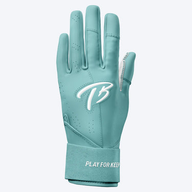 Mint green baseball batting glove with TB logo and 'PLAY FOR KEEP' wrist text, featuring perforated grip design