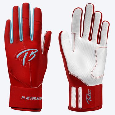 Pair of Tater long cuff batting gloves in Fire Ice, red with light blue accents