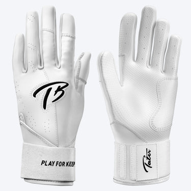 Pair of Tater long cuff batting gloves in white, back of hand and palm