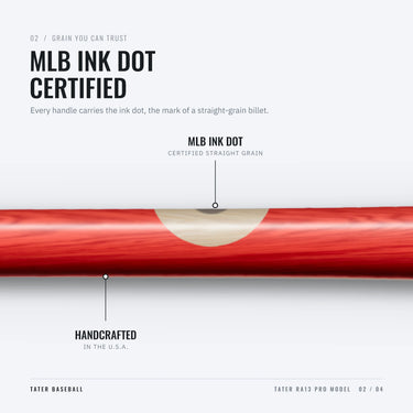 MLB ink dot on the handle of the Tater RA13 Pro, certifying straight-grain maple