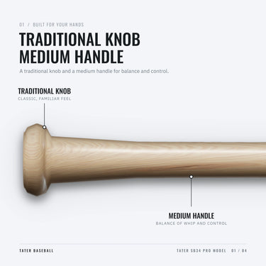 Traditional knob and medium handle on the Tater SB34 Pro wood softball bat