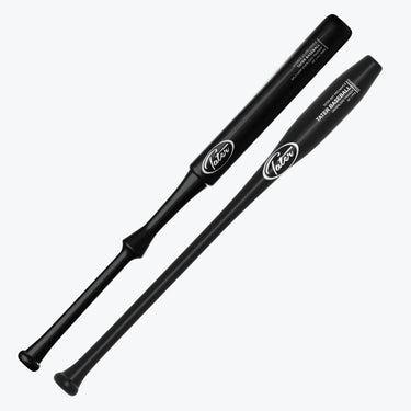 Two black Tater Baseball training bats, one overload and one underload, for swing practice and strength training.