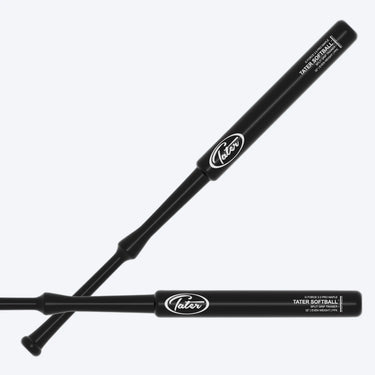 Two black Tater Split Grip softball training bats crossed