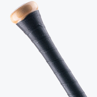 Wood baseball bat handle with black textured grip, ideal for training and gameplay