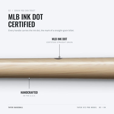 MLB ink dot on the handle of the Tater X12 Pro, certifying straight-grain maple