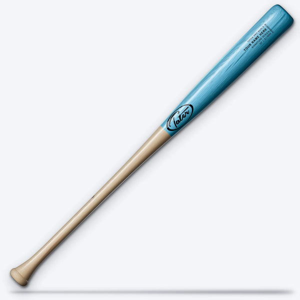 Tater XZ Pro maple wood bat with natural handle, baby blue barrel and black oval logo