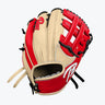 Red and tan baseball glove with black lacing and white stitching for players of all ages