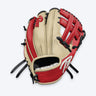 Tater H-Web infield glove in red and blonde leather with a white TB logo, black laces and blonde welting, back-of-hand view