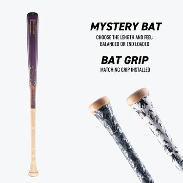 Purple and wood baseball bat with matching camo grip, balanced or end-loaded options