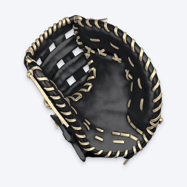 Palm view of the Tater first base mitt showing the Modified Pro-H web, deep black pocket and blonde lacing