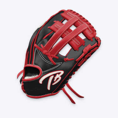 Side view of the Tater H-Web outfield glove showing the red H-Web, black palm and TB logo on the wrist strap