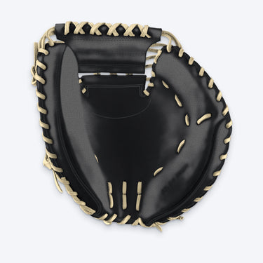Palm view of the Tater catcher's mitt showing the deep black pocket and blonde lacing around the rim