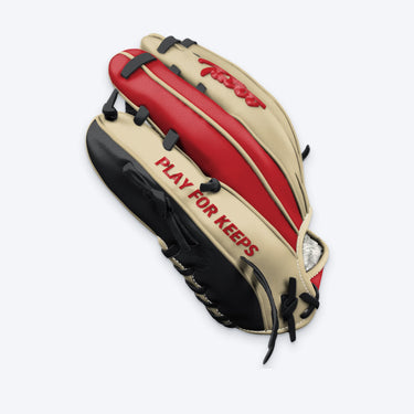 Pinky side of the Tater H-Web infield glove with red PLAY FOR KEEPS lettering and Tater script logo
