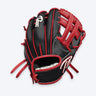 Tater H-Web outfield glove in black leather with red laces, red welting and a white TB logo outlined in red, back-of-hand view