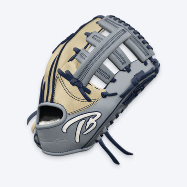 Side view of the Tater Double Post outfield glove showing the grey double post web, blonde palm and TB logo on the wrist strap