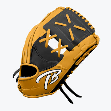 Yellow and black baseball glove with premium leather and TB logo, ideal for players of all ages.