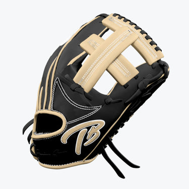 Black and tan baseball glove with TB logo, premium leather, white stitching, ideal for players of all ages
