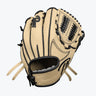 Tan baseball glove with black lacing, premium leather, and deep pocket for infield or outfield play
