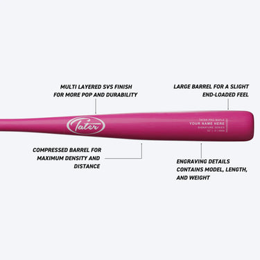Pink Tater Pro Maple baseball bat with multi-layered finish, compressed barrel, and engraving details