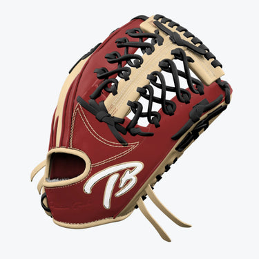 Red and tan baseball glove with black laces and white logo, premium quality for players