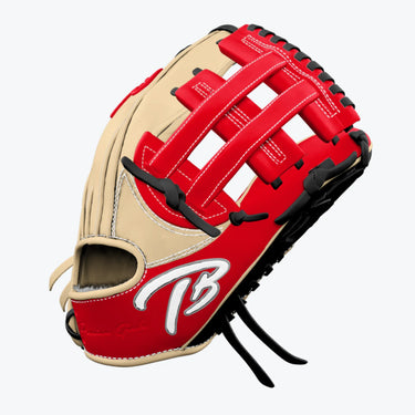 Red and tan baseball glove with black lacing and TB logo, premium youth or adult fielding equipment