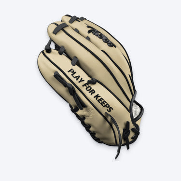 Pinky side of the Tater Mod. Trap Loop pitcher's glove with black PLAY FOR KEEPS lettering and Tater script logo