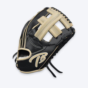 Side view of the Tater Post Web infield glove showing the blonde single post web, black palm and TB logo on the wrist strap